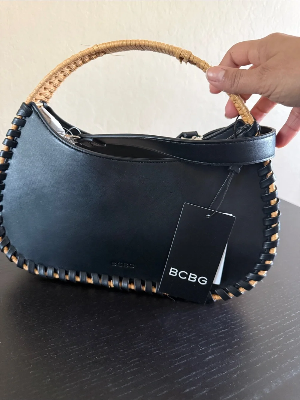 BCBG Black Wicker Whipstitch Handbag Faux Leather Rattan Crossbody Bag NWT
